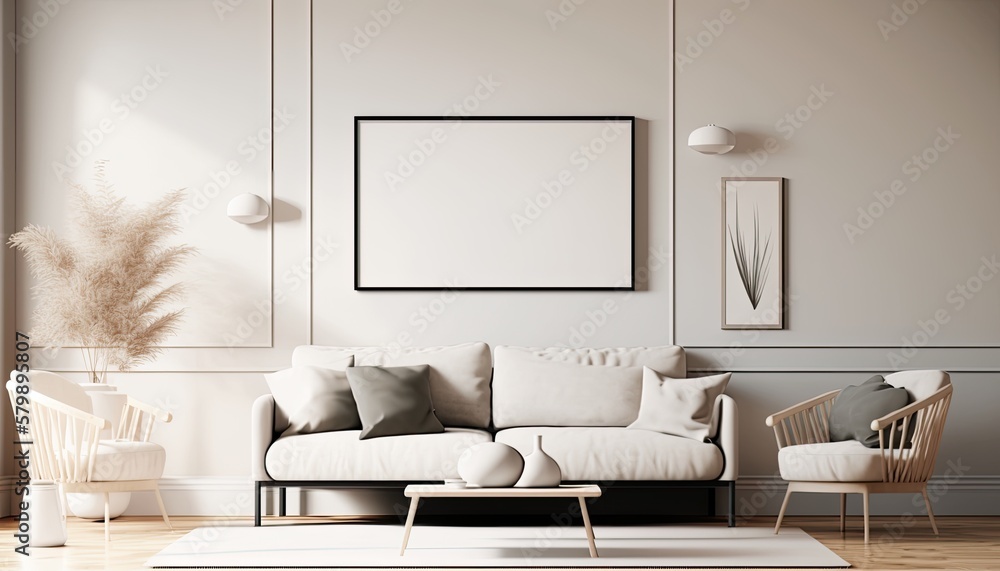 Fototapeta premium a light cream white Scandinavian, boho-themed living room interior background with a horizontal frame mockup, Japandi, 3D rendered, contemporary-themed, modern interior mockup. Generative AI