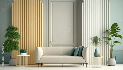 a muted earthy tones colored Scandinavian, boho-themed living room interior background, Wall Art Mockup, 3D rendered, contemporary, Japandi-themed, modern interior mockup. Generative AI © Purple Penguin GFX