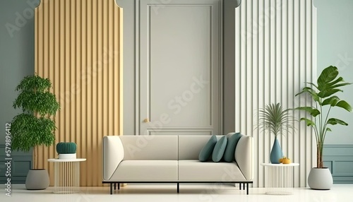 a muted earthy tones colored Scandinavian, boho-themed living room interior background, Wall Art Mockup, 3D rendered, contemporary, Japandi-themed, modern interior mockup. Generative AI