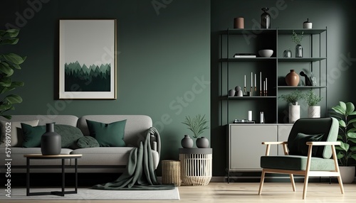 a forest-green Scandinavian  boho-themed living room interior background  Wall Art Mockup  Japandi  3D rendered  contemporary  Japandi-themed  modern interior mockup. Generative AI