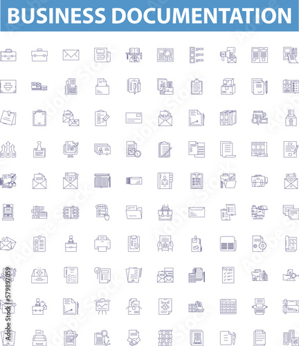 Business documentation line icons, signs set. Business, Documentation, Reports, Policies, Guidelines, Contracts, Agreements, Procedures, Strategies outline vector illustrations.