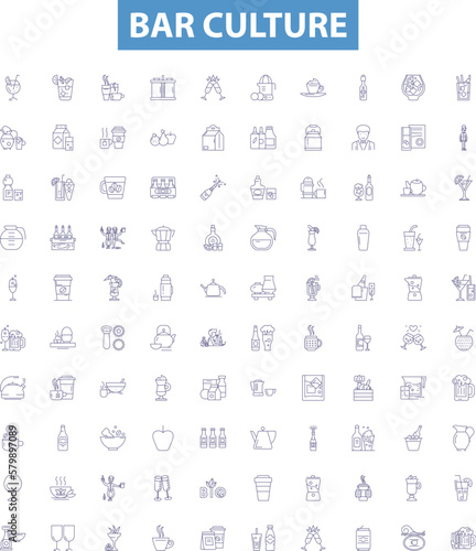 Bar culture line icons, signs set. Bar, Culture, Alcohol, Drinks, Music, Friends, Pub, Beer, Wine outline vector illustrations.