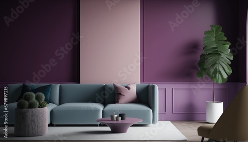 a purple  wine-colored Scandinavian  boho-themed living room interior background  Wall Art Mockup  Japandi  3D rendered  contemporary  Japandi-themed  modern interior mockup. Generative AI