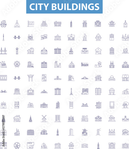 City buildings line icons, signs set. Skyscrapers, Towers, Complexes, Structures, Homes, Apartment, Townhouses, Skyline, High rises outline vector illustrations.