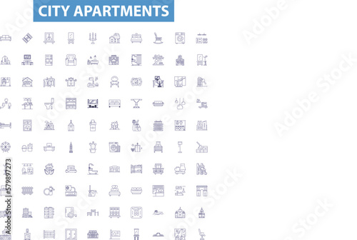 City apartments line icons, signs set. Apartments, City, Accommodation, Housing, Rent, Residence, Condo, Flats, Studio outline vector illustrations.