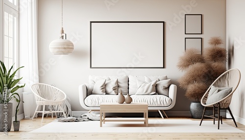 a light cream white Scandinavian, boho-themed living room interior background with a horizontal frame mockup, 3D rendered, contemporary-themed, modern interior mockup. Generative AI