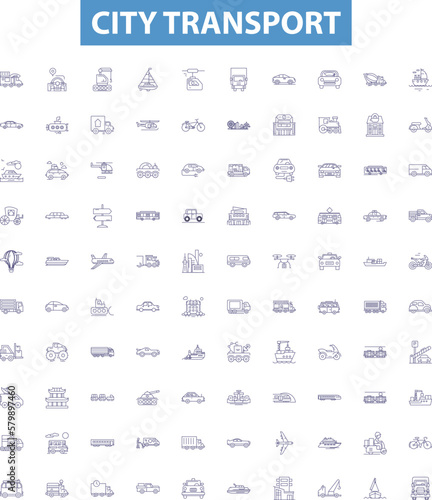 City transport line icons, signs set. Urban, Transportation, Bus, Subway, Metro, Automobile, Bicycle, Taxi, Monorail outline vector illustrations. photo