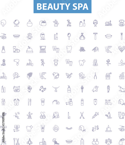 Beauty spa line icons, signs set. Beauty, Spa, Facials, Massage, Nail, Care, Manicure, Pedicure, Hair outline vector illustrations.
