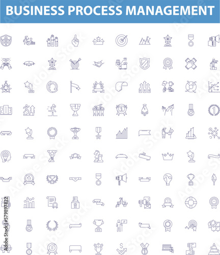 Business process management line icons, signs set. Business, Process, Management, Automation, Efficiency, Flow, Optimization, Analysis, Modeling outline vector illustrations.