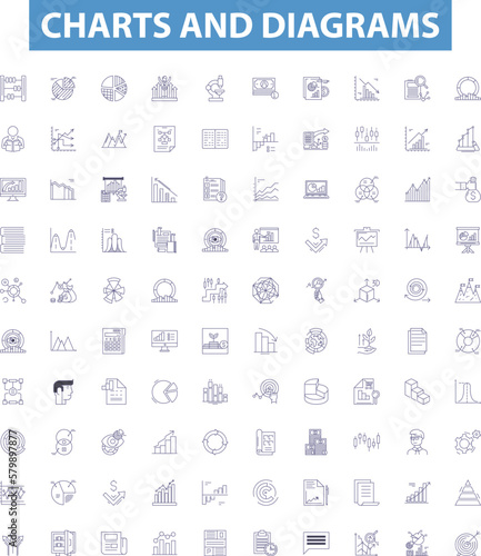 Charts and diagrams line icons, signs set. Graphs, Plots, Tables, Maps, Diagrams, Charts, Pie, Line, Bar outline vector illustrations.