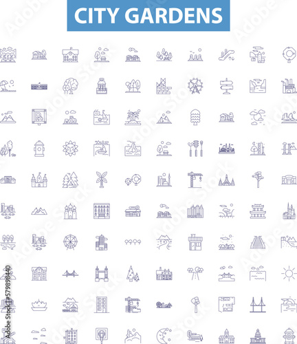 City gardens line icons, signs set. Urban, Park, Green, Plaza, Vegetation, Lawns, Paths, Walkways, Trees outline vector illustrations.