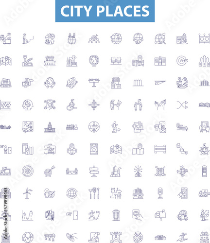 City places line icons, signs set. Town, Metropolis, Village, Borough, Settlement, Suburb, Plaza, Avenue, Street outline vector illustrations.