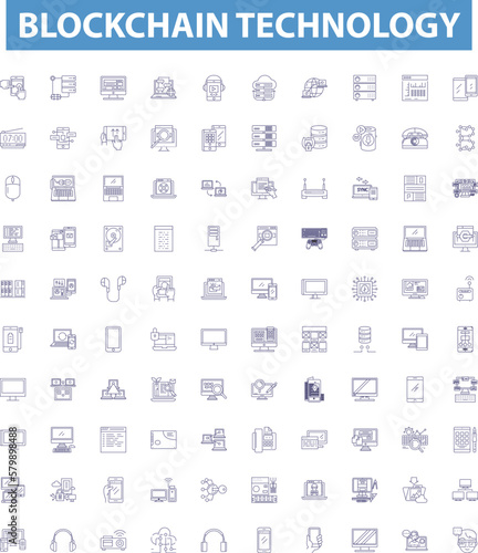 Blockchain technology line icons, signs set. Blockchain, Technology, Decentralized, Ledger, Cryptography, Cryptocurrency, Consensus, Transaction, Security outline vector illustrations.