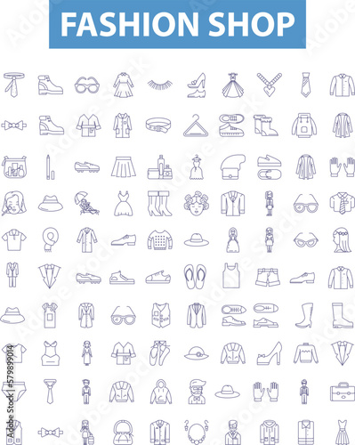 Fashion shop line icons, signs set. Fashion, Shop, Clothes, Apparel, Boutique, Store, Retail, Merchandise, Garments outline vector illustrations.