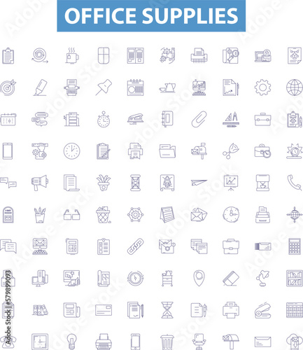 Office supplies line icons, signs set. Stationery, Pens, Envelopes, Paper, Notepads, Files, Calendars, Staplers, Pencils outline vector illustrations.