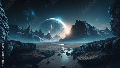 Fantasy alien planet. Mountain and lake. Generative AI