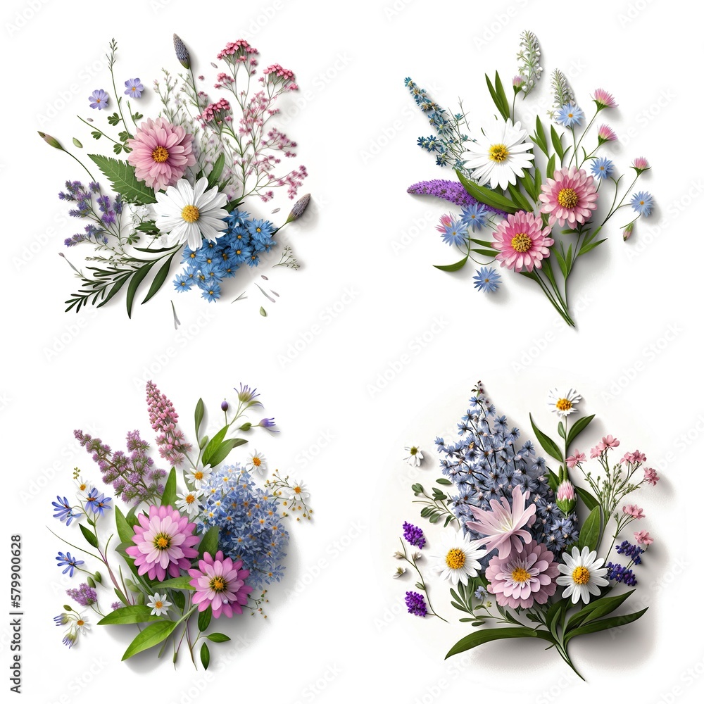 Flower Bouquet Bluebell, Chrysanthemum, Alpine Forget Me Not White Background, Flat Lay, Top View Minimal Floral Composition Created With Generative Ai Technology