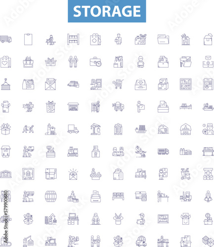 Storage line icons, signs set. Storage, preservation, stocking, stockpiling, keeping, cache, collection, containment, accumulation outline vector illustrations.