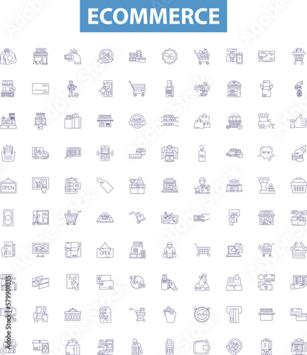 Ecommerce line icons, signs set. shopping, buying, selling, trading, commerce, digital, goods, retail, checkout outline vector illustrations.