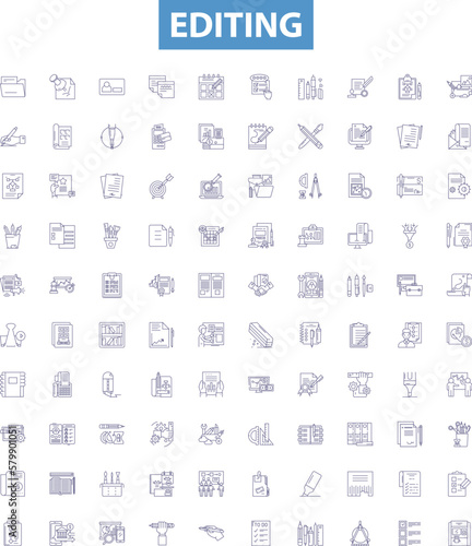 Editing line icons, signs set. Edit, Revise, Modify, Adjust, Tweak, Refine, Polish, Correct, Tailor outline vector illustrations.