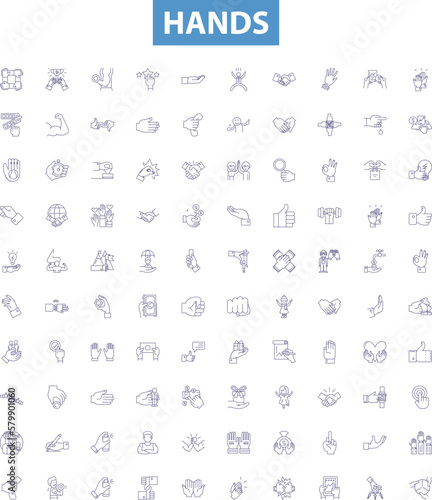 Hands line icons, signs set. Palms, Clenched, Reach, Squeeze, Shake, Grasp, Fingers, Gloves, Nails outline vector illustrations.