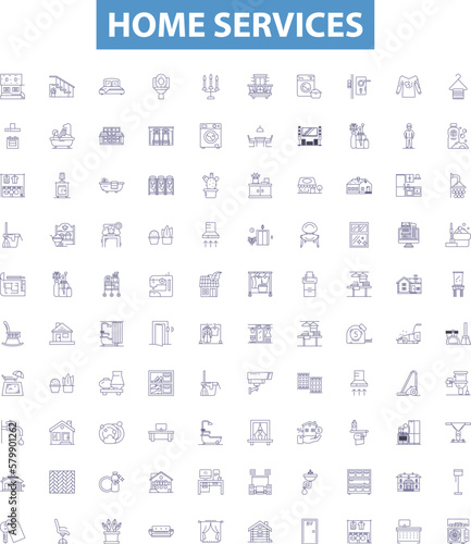 Home services line icons, signs set. Homecare, Cleaning, Repair, Maintenance, Plumbing, Heating, Painting, Pest, Roofing outline vector illustrations.