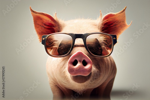 A cute pig with a sunglasses on blurred background. Generative AI, Generative, AI © nonblok