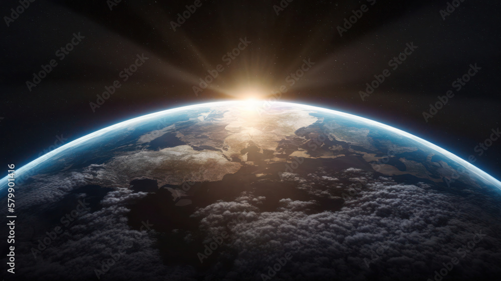 Fototapeta premium Nightly Earth planet in outer space with sun flare. Generative AI