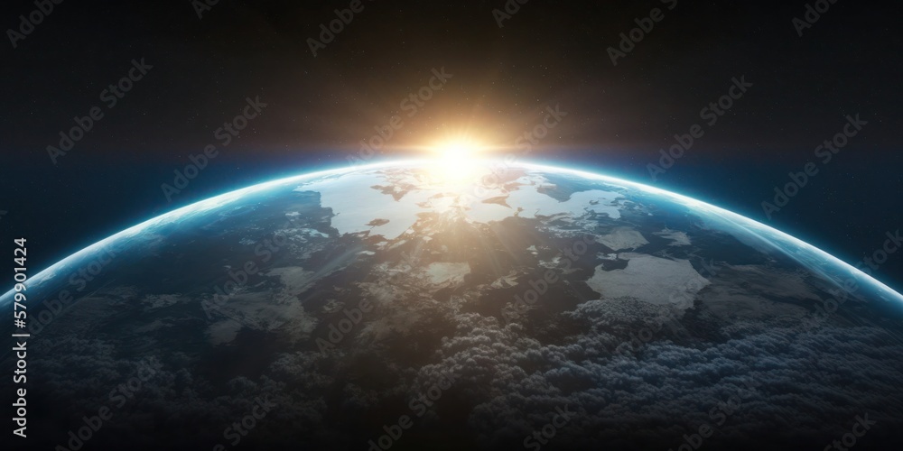 Fototapeta premium Nightly Earth planet in outer space with sun flare. Generative AI