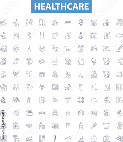 Healthcare line icons, signs set. Care, Healthcare, Medicine, Treatment, Wellness, Diagnosis, Mental, Health, Prevention outline vector illustrations.
