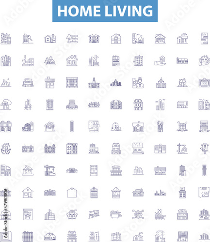 Home living line icons, signs set. Home, Living, Furniture, Decor, Cleaning, Storage, Gardening, Kitchen, Bathroom outline vector illustrations.