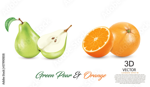 realistic green pear fruits and realistic ripe fresh orange fruits isolated on white background.