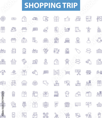Shopping trip line icons, signs set. Shopping, Trip, Store, Purchase, Outing, Buy, Item, Shop, Goods outline vector illustrations.