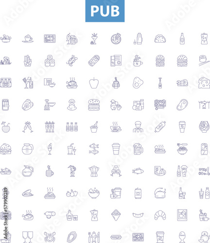 Pub line icons, signs set. Bar, Alehouse, Tavern, Pubs, Brewery, Taproom, Public House, Watering Hole, Boozer outline vector illustrations.