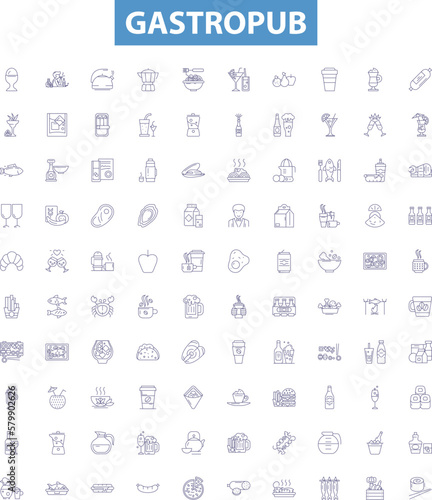 Gastropub line icons, signs set. Pub, Gastro, Drink, Kitchen, Restaurant, Food, Beer, Wine, Cider outline vector illustrations.