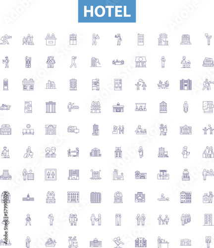 Hotel line icons, signs set. Hotel, Accommodation, Lodging, Resort, Inn, Suites, Booking, Vacation, Receptionist outline vector illustrations.