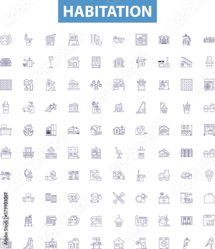 Habitation line icons, signs set. Accommodation, Residency, Dwelling, Dwell, Home, Homestead, Tenancy, Habitation, Lodging outline vector illustrations.