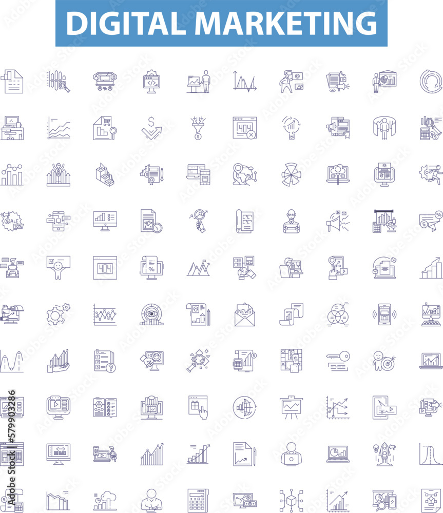 Digital marketing line icons, signs set. Digital, Marketing, SEO, Social, Media, Analytics, PPC, Advertising, Email outline vector illustrations.