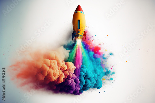 Creative rocket launch by exploding engine of creativity , taking off for new opportunity . Admirable Generative AI image . photo