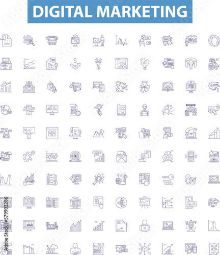 Obraz na płótnie Digital marketing line icons, signs set. Digital, Marketing, SEO, Social, Media, Analytics, PPC, Advertising, Email outline vector illustrations. w salonie