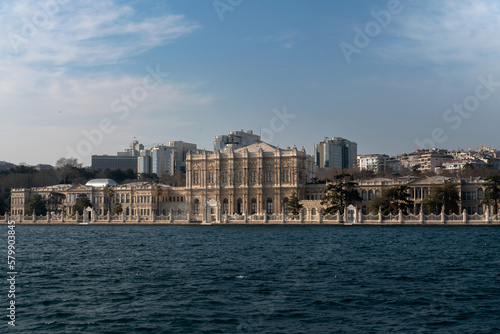 View of Dolmabahce Palace in Besiktas district on the European shore of the Bosphorus Strait on a sunny day, Istanbul, Turkey © Ula Ulachka