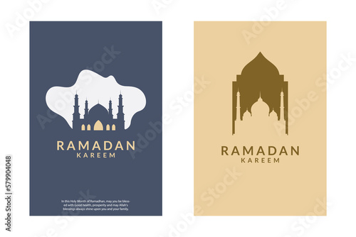 ramadan greeting card negative space flat style design with mosque silhouette. vector illustration