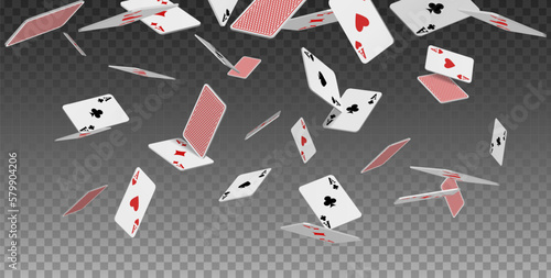  3d realistic vector icon. Flying playing cards of aces of diamonds clubs spades and hearts on transparent background, falling on the table. photo