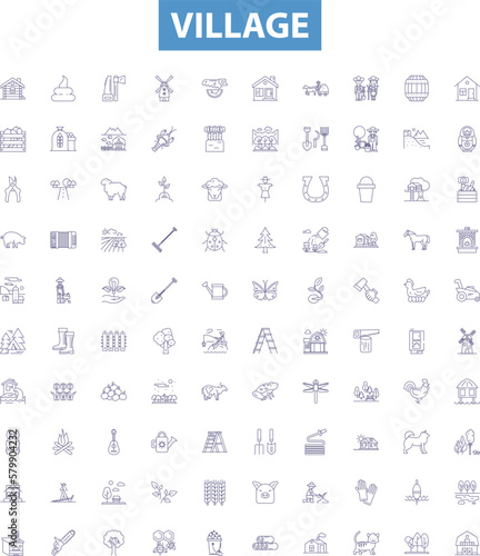 Village outline icons collection. Village, settlement, hamlet, township, rural, homestead, suburban vector illustration set. countryside, town, populace line signs