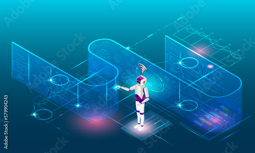 Artificial Intelligence (AI) concept with Hands of Robot touching on wall data network, chatbot, Machine learning, digital Brain future technology.  Vector Illustration eps10