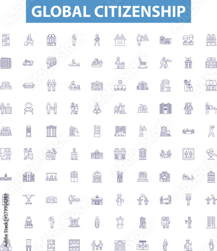 Global citizenship line icons, signs set. International, Humanitarian, Diversity, Stewardship, Justice, Inclusion, Equality, Awareness, Coexistence outline vector illustrations.