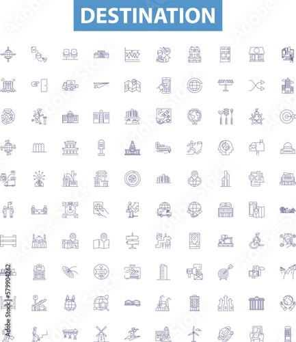 Destination line icons, signs set. Destination, Outcome, Aim, Wish, Goal, End, Terminus, Intention, Place outline vector illustrations.
