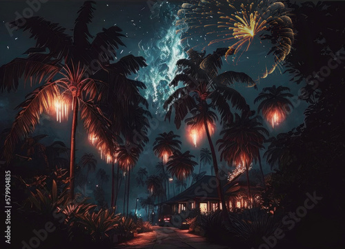 ai generated of illustration coconut trees malay wooden house celebration of ramadan