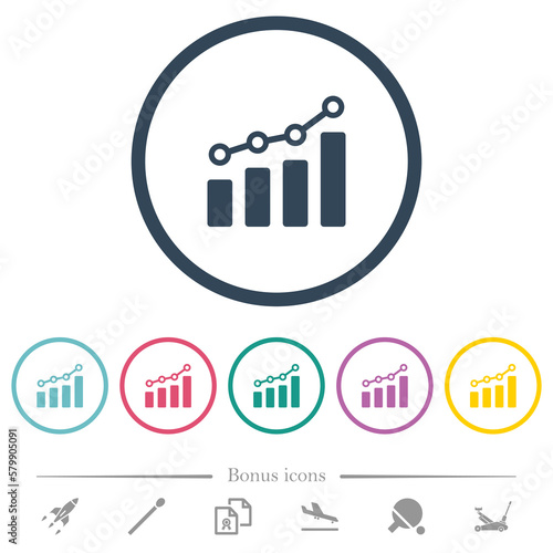 Bar graph with circles and lines flat color icons in round outlines