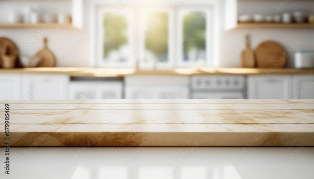 Wooden Board Empty Table Top on White kitchen, Wood Table Top on Blur Kitchen Room Background Created with Generative AI technology